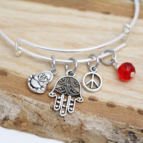 Buddha, Hamsa & Peace Sign - Adjustable Charm Bangle - Handcrafted - Picture 2 of 4